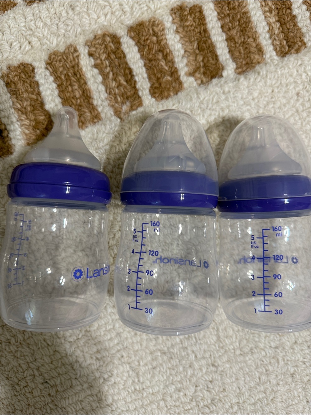 Lansinoh Clear Baby Bottles with Blue-Purple Caps - Pack of 3